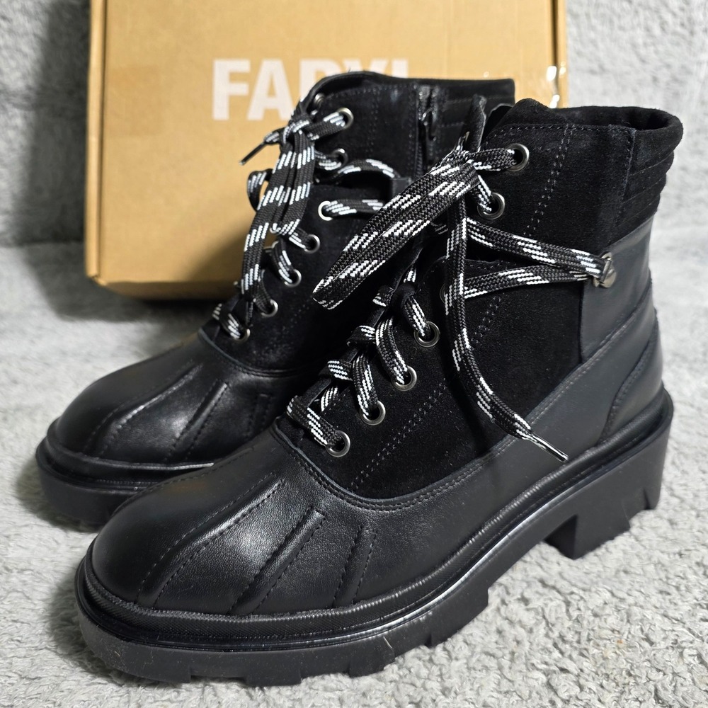 FARYL Wilma Black Leather Lace Up Combat‎ Water Repellent Boots Womens 8M NEW